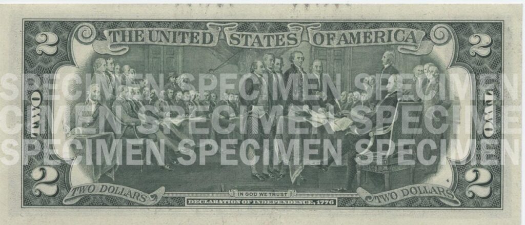 Billete de 2 dólares Jefferson 1976 reverso