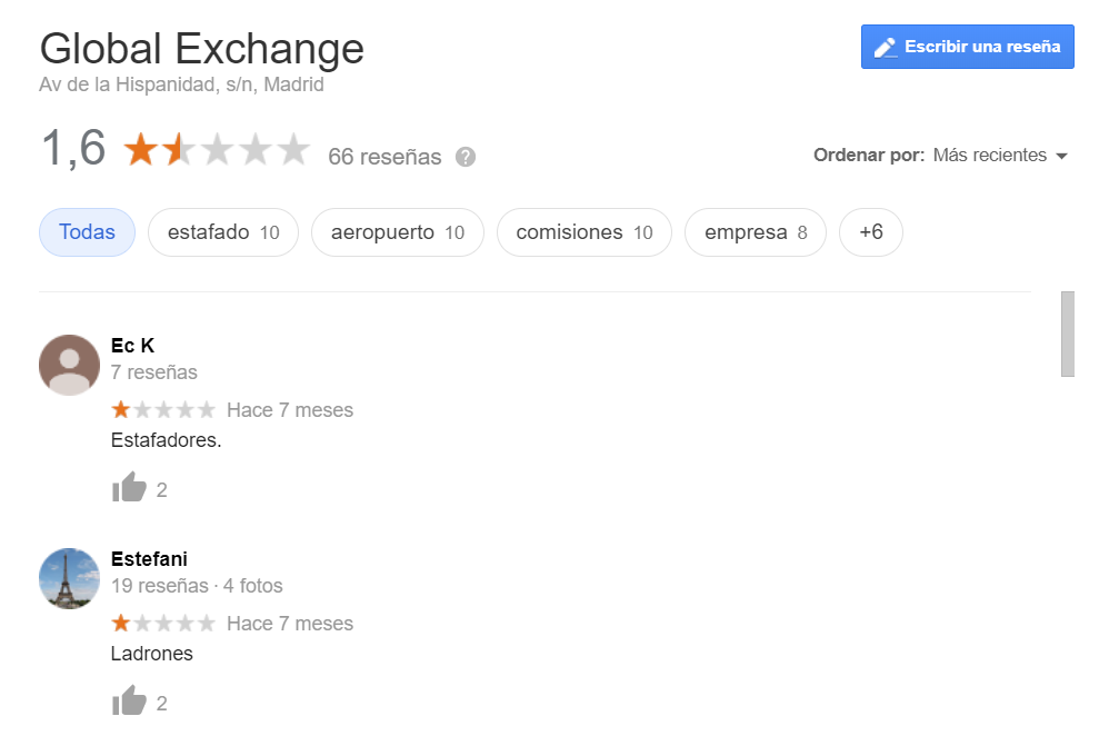 Opiniones casa de cambio Global Exchange